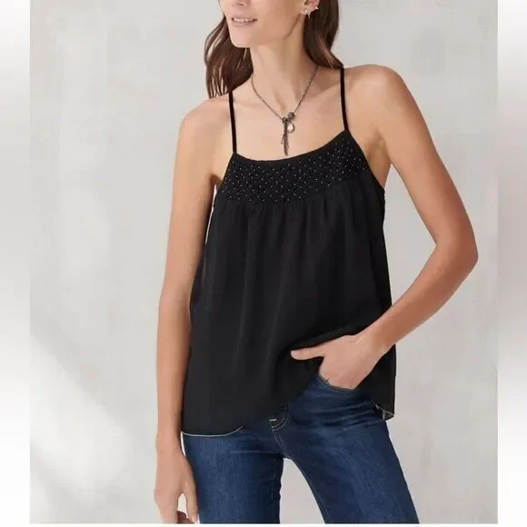 Lucky brand black silver flowy sheer smocked camisole w/gold trim hem sz M - Picture 2 of 16